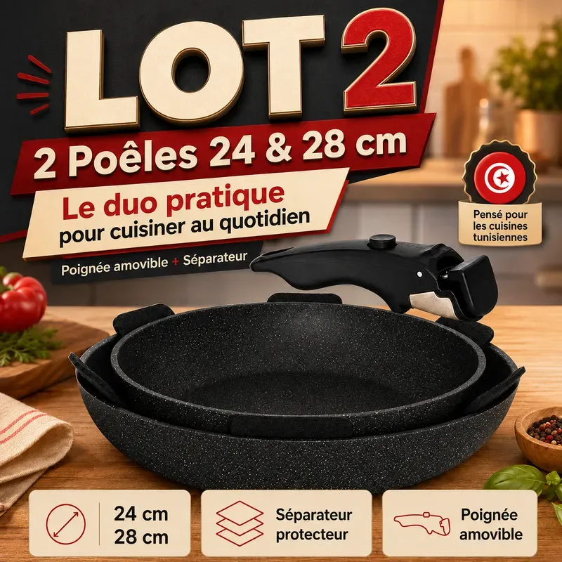 Lot 2 Poêles Induction à Poignée Amovible Cook'Art Privilège 24&28 cm — Noir