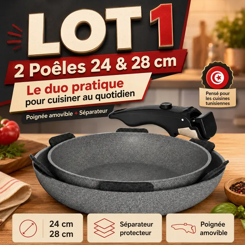 Lot 2 Poêles Induction à Poignée Amovible Cook'Art Privilège 24&28 cm — Gris